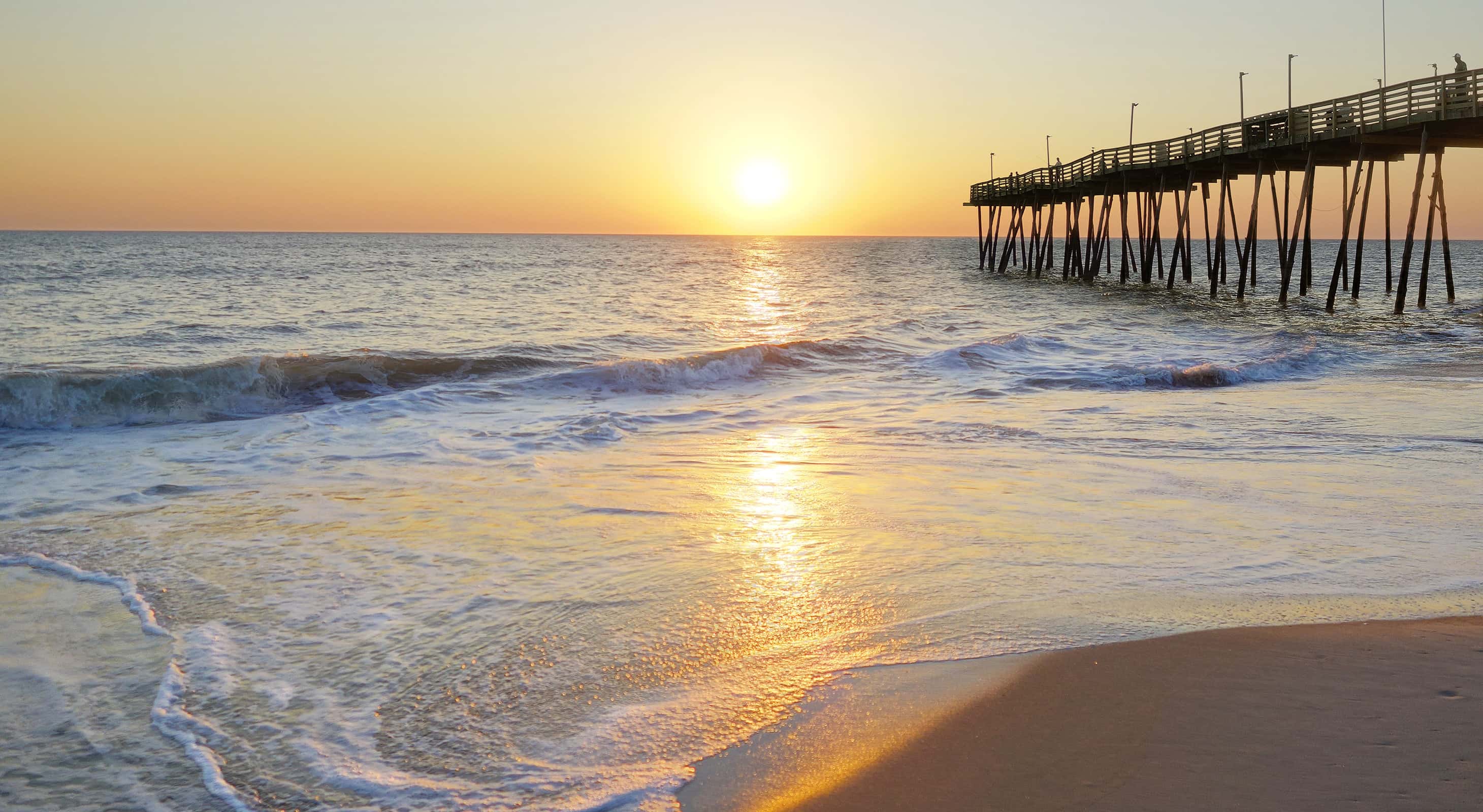 ocean pier and beach at sunset near our Manteo, NC inn